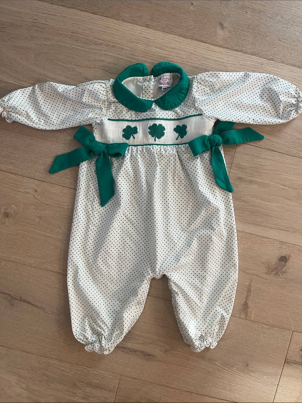 THE SMOCKING PLACE Green & White Polka Dot Baby One-Piece with Shamrock Smocking